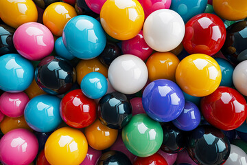 Large number of multicolored balloons in the shape of spheres, arranged in a stack. 