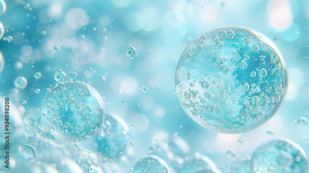Poster close-up of bubbles floating in a light blue liquid..