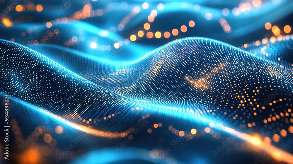 Poster luminous digital wave: an abstract 3d rendering of a flowing, luminous wave composed of interconnect