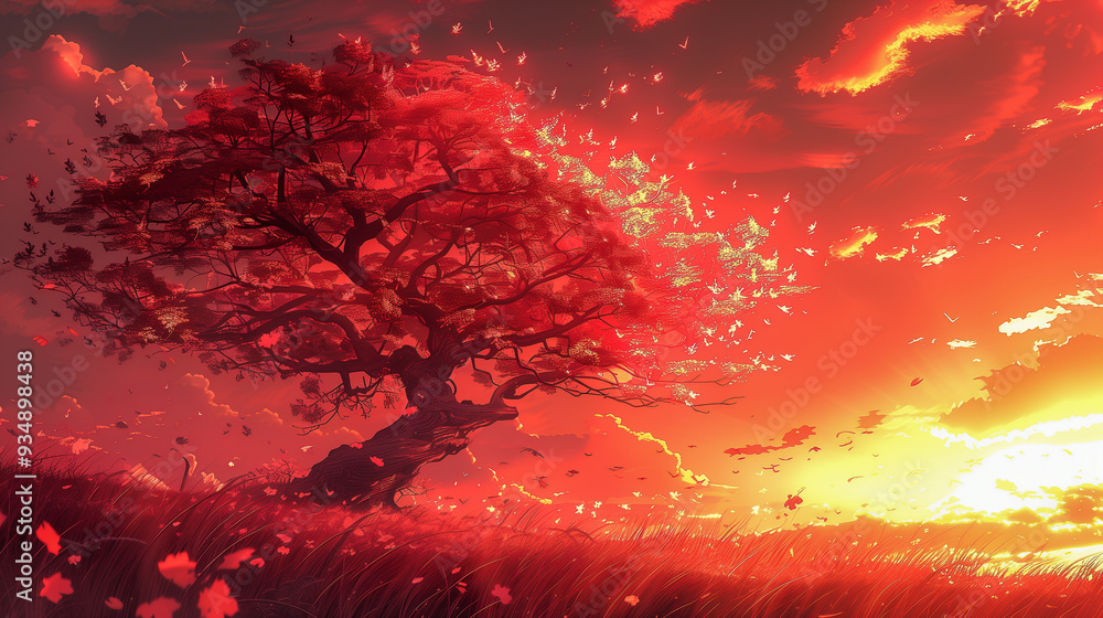 Poster sunset over fiery tree in a windy red field..