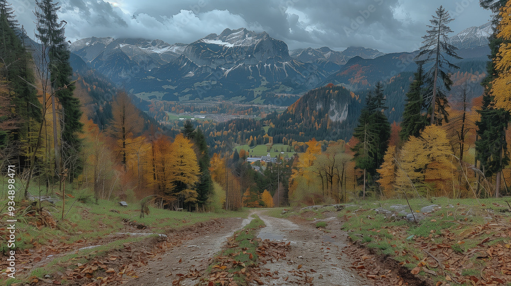 Poster autumn forest path leading to snow-capped mountain range..