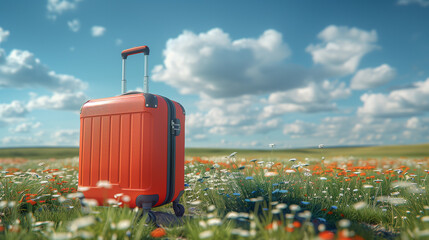 Bright Red Suitcase in a Field of Wildflowers Under Blue Skies..