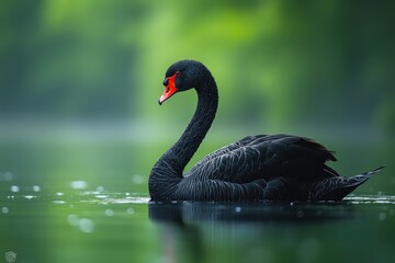 Black swan swimming on a lake with water droplets on its back