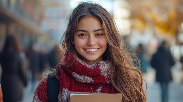 Beautiful student girl smiling while holding books outdoors
