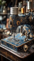 Antique sewing machine standing on wooden desk in workshop