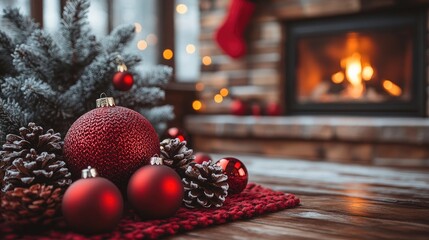 Fireplace burning with logs and pine cones for christmas