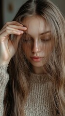 Obraz premium Young woman checking her hair part for signs of hair loss