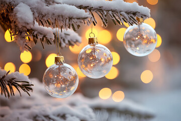 Ornaments dangle gracefully from a fir tree, surrounded by falling snow and soft glowing lights during a winter day