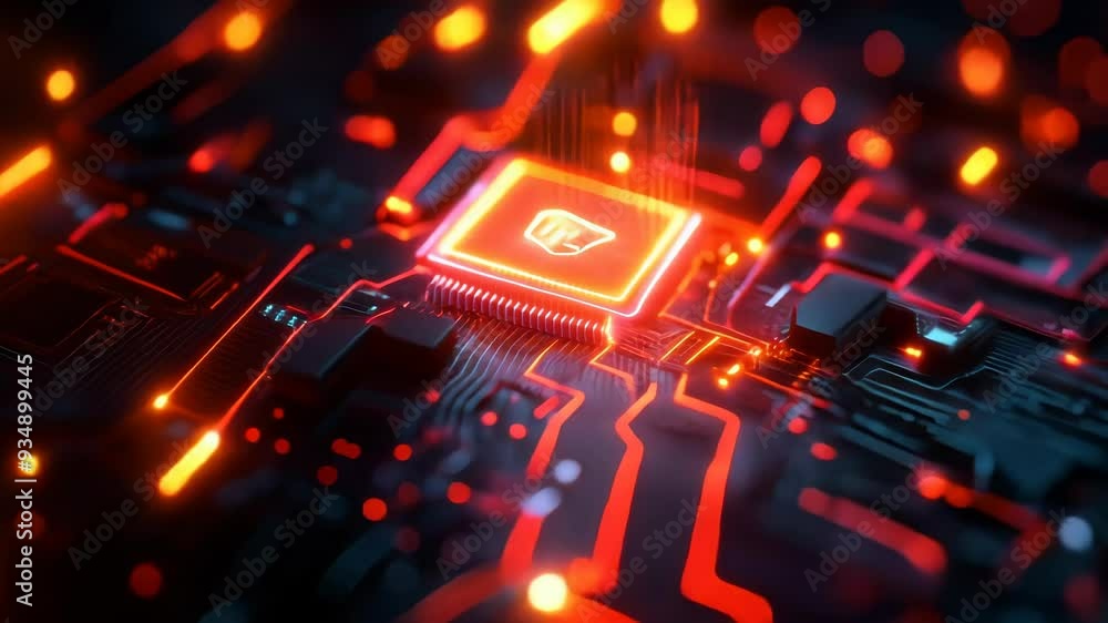 Aufkleber futuristic digital circuit board with glowing cpu chip and neon lights, high-tech abstract technolog
