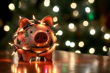 Piggy bank with party light, luxury organize a party for the event were successful in saving money for use in various festivals on the wooden table wit blurd background