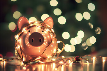 glowing piggy bank, surrounded by a magical sparkle of lights , and piggy bank on table symbolizing financial security and savings.