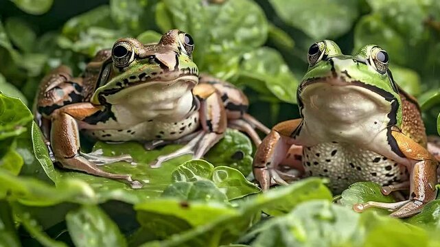Two frogs  are sitting on a bed of  green leaves