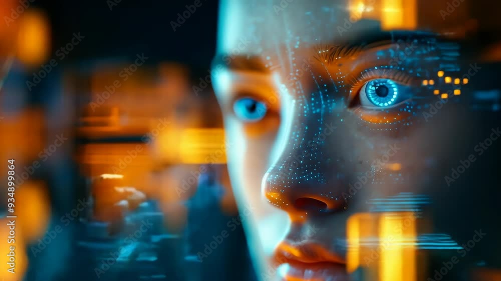 Poster digital human face enhancing business efficiency and productivity at night with advanced technology 