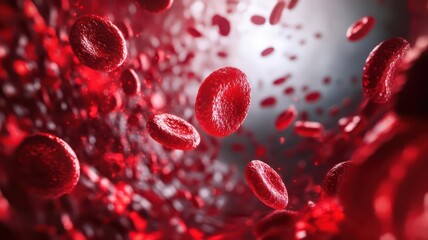 Close-up of vibrant red blood cells moving through the bloodstream, showcasing cellular biology and medical science in vivid detail.