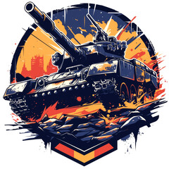 A powerful tank with a large gun barrel in a stylized graphic design
