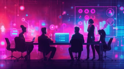 A group of people are sitting at a table with a projection screen , teamwork time - brainstorm