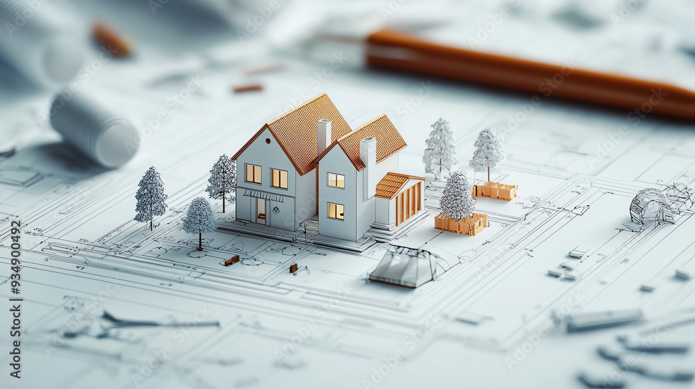 Poster a detailed architectural model on a blueprint background, showcasing design elements and craftsmansh