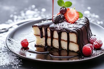 cheesecake with berries, cheesecake with berries, chocolate cake with strawberries, chocolate cake with strawberry, Closeup of a chocolate cake slice with delicious glaze and berries on a black plate