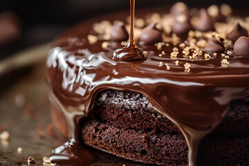 Close-up view of a decadent chocolate cake topped with a glossy chocolate ganache and sprinkled with chocolate shavings