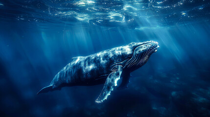 Humpback Whale Swimming Through Sunbeams in Deep Blue Ocean