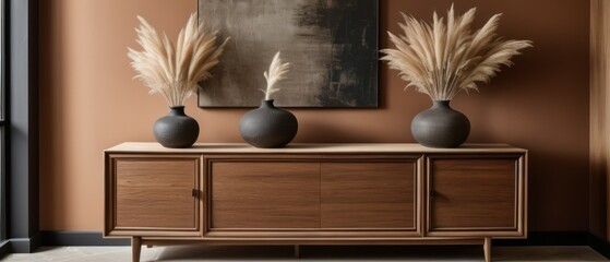 Stylish contemporary interior featuring a minimalist wooden sideboard with decorative vases and pampas grass. Warm, earthy tones create a modern and elegant aesthetic in a serene living space.