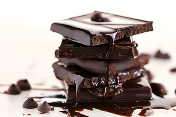 Chocolate dark brownie cake with thick melted chocolate isolated on a white background