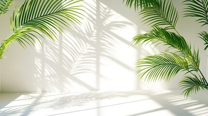 Sunlight Through Palm Leaves: A serene backdrop of palm leaves casting gentle shadows on a white wall, creating a tranquil and inviting atmosphere. 