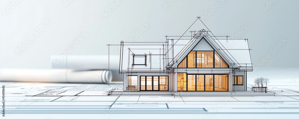 Poster a modern house architectural design showcasing a detailed front view with large windows and elegant 