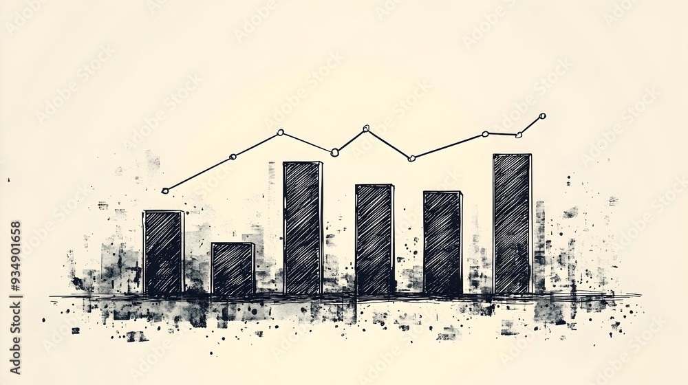 Poster detailed hand drawn monochrome bar chart precisely visualizing quarterly sales data and performance 