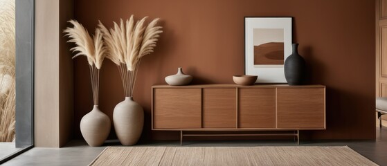 Stylish contemporary interior featuring a minimalist wooden sideboard with decorative vases and pampas grass. Warm, earthy tones create a modern and elegant aesthetic in a serene living space.