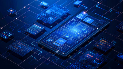 Smartphone Connected to a Network of Blue Digital Interfaces