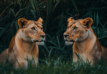 Obraz premium Two lions are facing each other in a forest setting