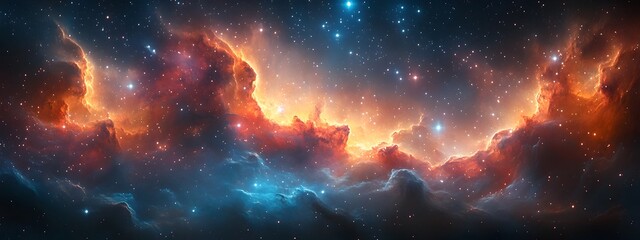 Enigmatic Celestial Landscape:Luminous Stellar Clusters in Captivating Astral Panorama,Showcasing Ethereal Cosmic Wonders and Visionary Astronomical Scenery