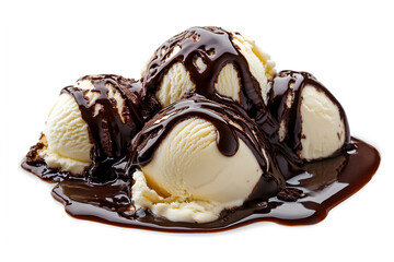 Ice cream scoops with melting chocolate on it, on white background