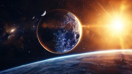 Obraz premium A Planet With A Glowing Sun And Stars In The Background