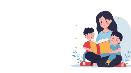 Fototapeta premium Illustration of a mother sitting with her two children, reading a storybook together, representing family bonding, education, and quality time. 
