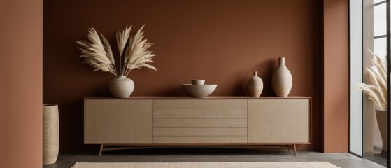 Stylish contemporary interior featuring a minimalist wooden sideboard with decorative vases and pampas grass. Warm, earthy tones create a modern and elegant aesthetic in a serene living space.
