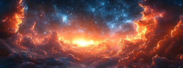 Expansive Cosmic Panorama: Shimmering star fields, colossal interstellar structures, and captivating cosmic entities set against a visionary.