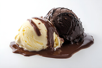 two scoops of sweet Decadent Chocolate-Covered Vanilla Ice Cream  on white surface