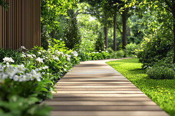Obraz premium A serene wooden path meanders through lush greenery, surrounded by vibrant flowers and trees, inviting tranquility and relaxation.