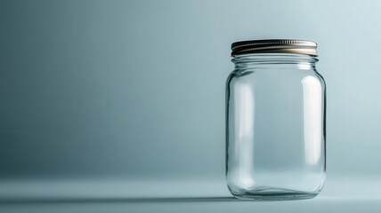 Minimalist image of an empty glass jar with a metal lid on a gradient blue background. Perfect for storage, canning, and DIY projects.