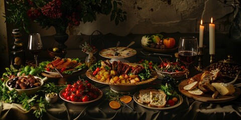 Fototapeta premium Chic presentation of a Mediterranean banquet on a fashionable table covering.