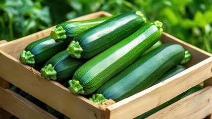 Fresh green zucchinis neatly arranged in a wooden crate, perfect for healthy cooking and organic recipes, set against a garden background.