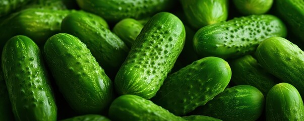 Fresh and vibrant green cucumbers grouped together, displaying detailed textures and natural patterns of the vegetable.