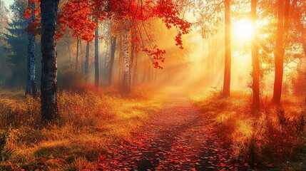 Golden Sunrise Through Autumn Woods: A dirt path beckons through a vibrant autumnal forest, bathed in the ethereal glow of a golden sunrise, mist clinging to the colorful foliage. 