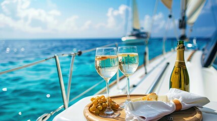 Two Glasses of Wine and a Bottle on a Yacht Deck