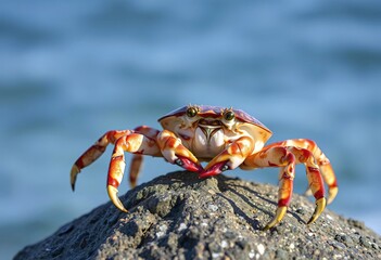 A crab with a brown and white shell standing on a rock near the ocean
