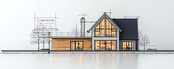 Modern architectural design of a house with a sleek facade and blueprint outlines, symbolizing innovation and craftsmanship.