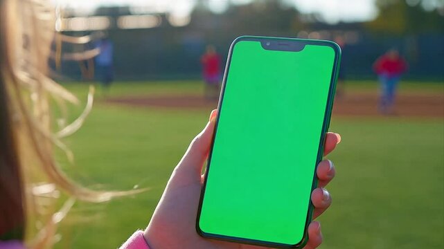 Woman's hand holding smartphone with a background of a kids baseball game. Phone screen is a chroma key green screen.