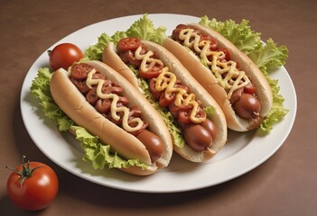 Hot dogs, tomatoes, and lettuce on a white plate against a brown background